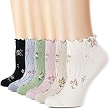 BROPAPA Damen-Knöchelsocken mit Rüschen, Vintage-Muster, kurze Freizeitsocken, niedliche Prinzessinnen-Salat-Socken, 6 Stück