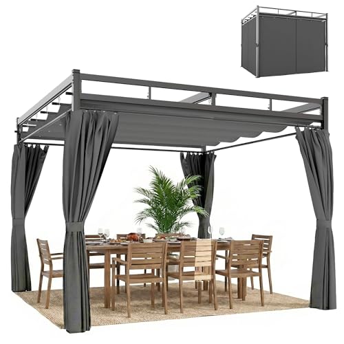 Outsunny Pergola de jardin 3 x 3 m avec toit rétractable et 4 rideaux, tonnelle de jardin avec protection UV30+, imperméable, structure métallique, pavillon...