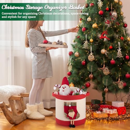 Image of OIAHOMY Ornament Storage Basket with Santa Stocking, Christmas Ornament Storage with Handles, Empty Gift Basket for Towels, Clothes, Books Use in Living Room, Kids, Pet Toy Basket - Red