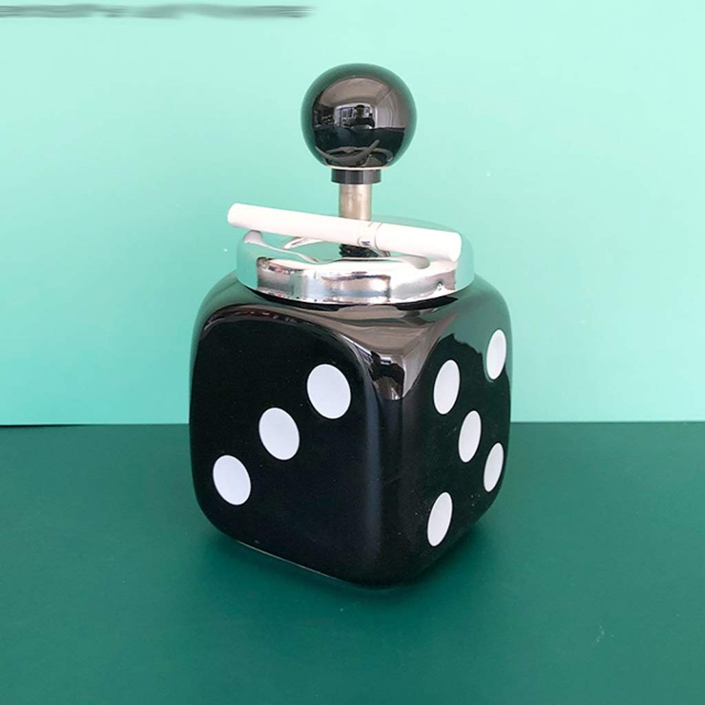 KHAMEO Dice Ashtray, Ceramic Jar with Lid, Outdoor Cigar Billiard Hall Cafe Decoration for Bar Covecan Rotate/D