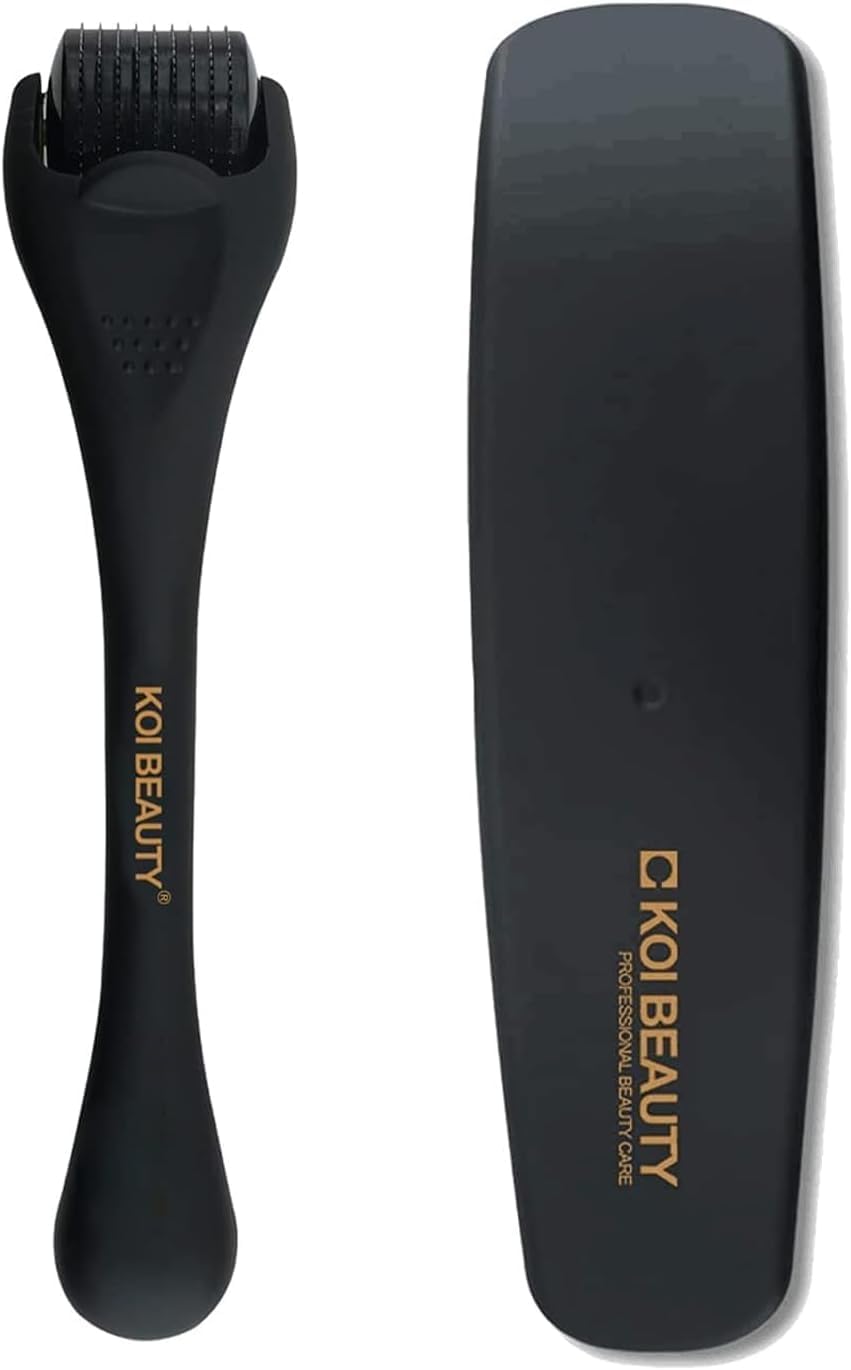 KOI BEAUTY Derma Roller 0.5 Para La barba y el cabello crecen, 540 agujas de titanio, Profesiona Microneedling Roller para hombres y mujeres, Negro mate barba Roller, Microneedle Roller