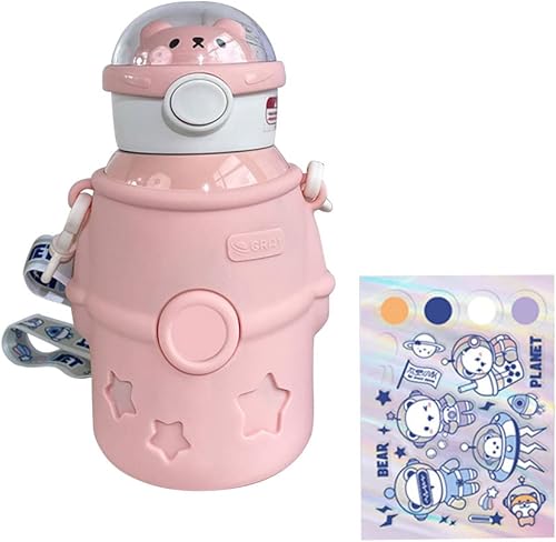 Miniatura 2 de JQWSVE Botella de agua Kawaii, bonitas botellas de agua aisladas con popote y calcomanías, organizador de botellas de agua con aislamiento al vacío