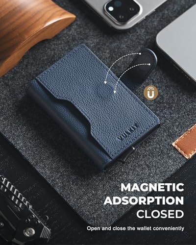 Image of VULKIT Slim Bifold Pop up Wallet Minimalist Leather Card Holder RFID Blocking Metal Card Case with ID Window for Women | with Leather Slots