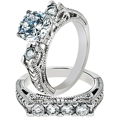 Marimor Jewelry Women's Stainless Steel 316 Round Cut Cubic Zirconia Vintage Wedding Ring Set Size 7 Cover