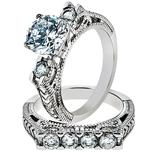 Marimor Jewelry Women's Stainless Steel 316 Round Cut Cubic Zirconia Vintage Wedding Ring Set