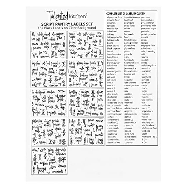 Talented Kitchen Pantry Labels for Food Containers - 157-Piece, Black Script Vinyl - Jar & Bin Labels & Food Storage Organization Stickers