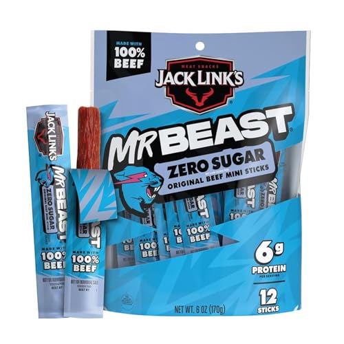 Jack Link’s x MrBeast Beef Sticks, Zero Sugar Mini Beef Sticks, As Seen on Beast Games, 6g Protein, Made with 100% Real Beef, Pantry-Ready Snacks, 12 Count