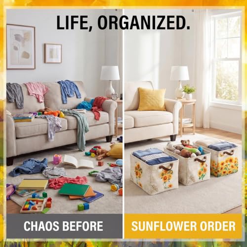 Image of Fourluoo 6 Pack Sunflower Storage Basket with Handles Sunflower Clothes Storage Basket Bin Foldable Box Bins Organizer for Closet Shelf Nursery Kid Room Book Toy Chest