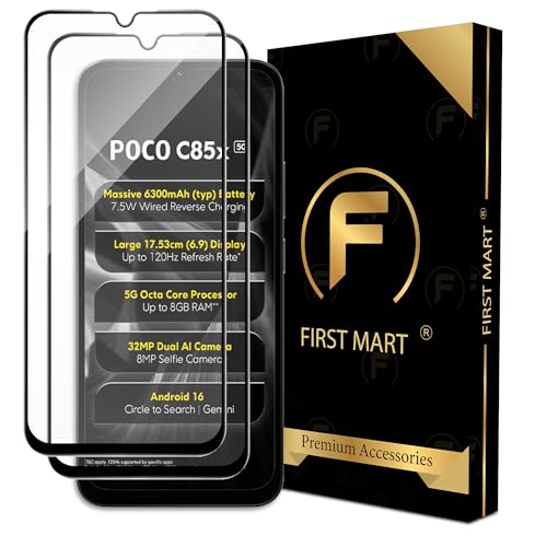 Image of FIRST MART Military-Grade Gorilla Tempered Glass Compatible For Poco C85x (6.9 Inch) With Edge To Edge Screen Coverage and Easy Installation Kit | Black, Pack of 2
