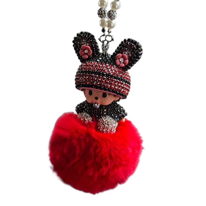 Monchichi Kiki Porte-clés en cristal et diamant avec peluche, 0, taille unique-Rouge
