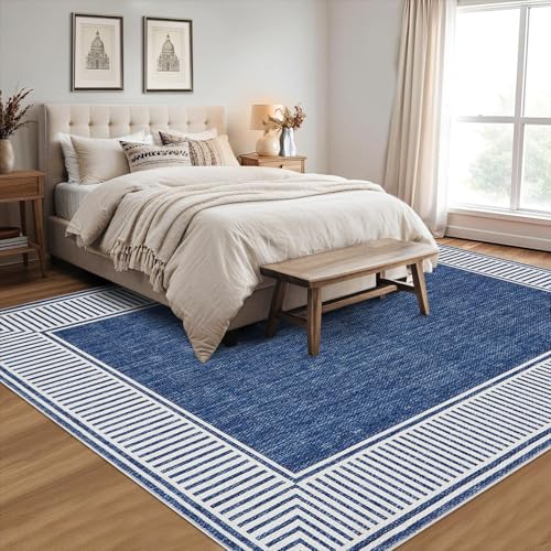 GarveeHome Area Rug 10x13 Modern Bordered Large Living Room Area Rug Washable Bedroom Throw Carpet with Rubber Backing Low Pile Stain Resistant Contemporary Rug for Dining Room Home Office, Blue - Image 2