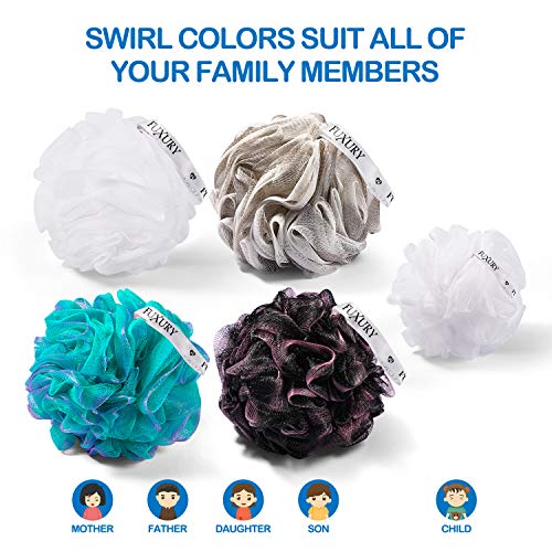 Fuxury 5 pcs Bath Sponges Shower Loofah Swirls Color Set, 4 pcs 60g Mesh Pouf + 1 pcs 20g for Baby or Face Washing - Thumbnail 3