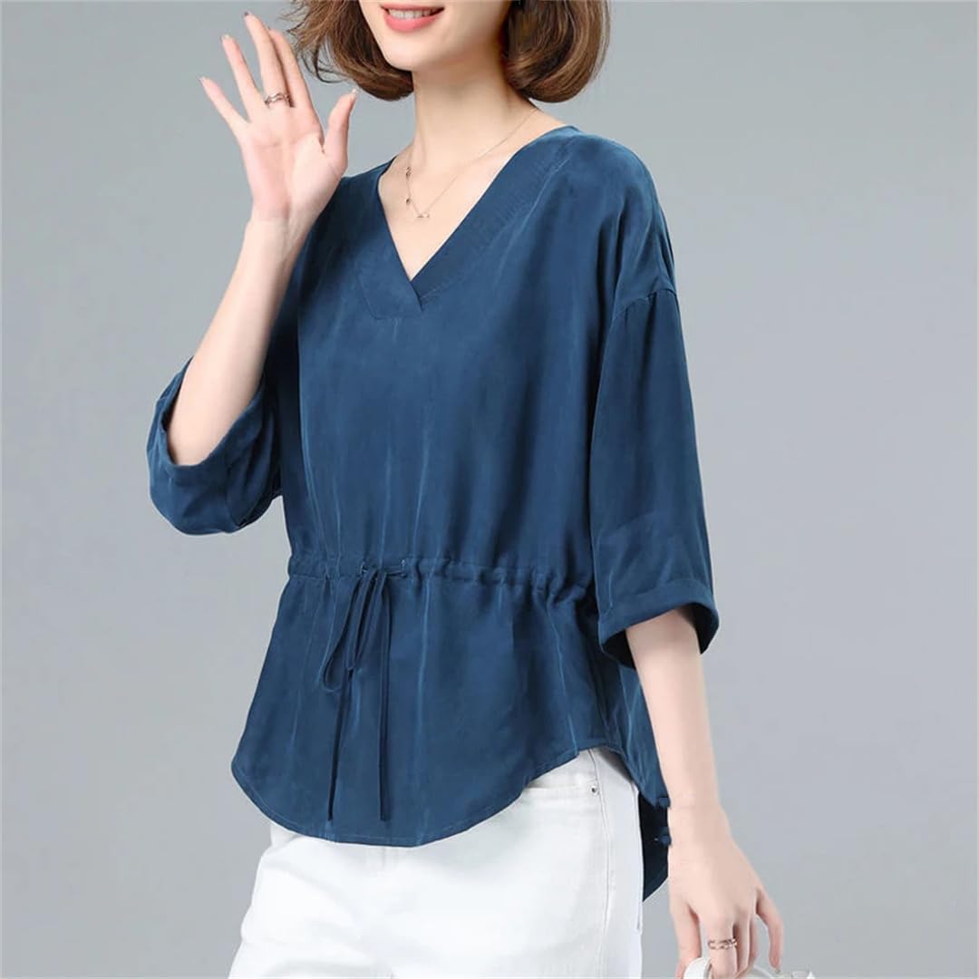 Vêtements pour femmes T-shirts irréguliers à lacets d'été solides col en V manches trois-quarts hauts décontractés