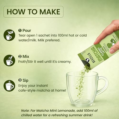 Image of Bevzilla Instant Matcha Premix 4 Assorted Sachets | Ceremonial Grade Green Tea | No Added Sugar | Smooth Energy Drink Mix | Single Serve | Hot & Cold Matcha Anytime