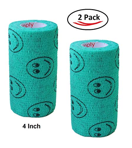 Image of Vet Wrap Wrap Tape (Teal with Smiles) (2 Pack) (4 Inch x 15 feet) Self Adhesive Adherent Adhering Cohesive Flex Self Stick Bandage Grip Roll Dog Cat Pet Horse