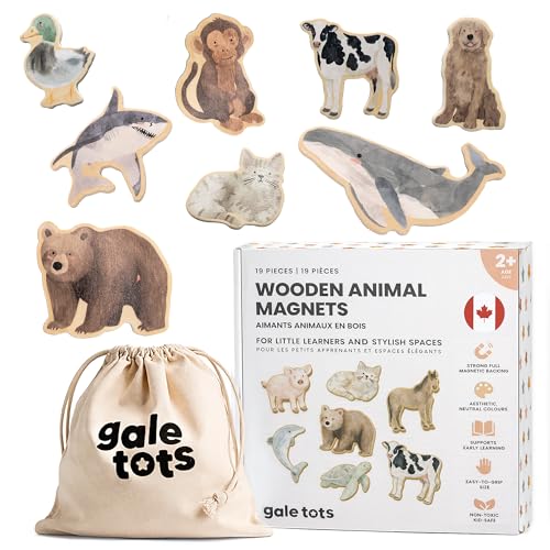 Gale Tots Wooden Animal Magnets for Toddlers | 19 Pieces | Original Watercolor Art on Basswood | Aesthetic Fridge Magnets | Farm Wild Sea & Domestic | Montessori-Inspired | Ages 2+