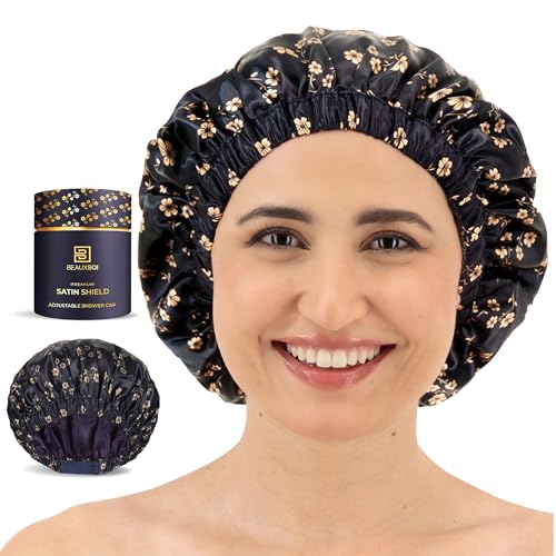 Luxury Reusable Shower Cap for Women - Satin Lined, Adjustable & Waterproof - Keeps Hair Dry- Durable Hair Bonnet by BEAUXSOI (Fleur de Nuit) - Floral design