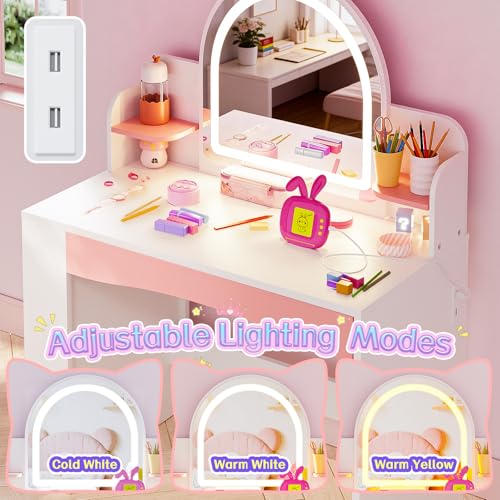 Image of Teckid Kids Vanity Table and Chair Set with Lights, Toddler Vanity Desk for Girls, Princess Makeup Vanity for Kids with Storage Shelves, Open Bookshelf and Stools, White