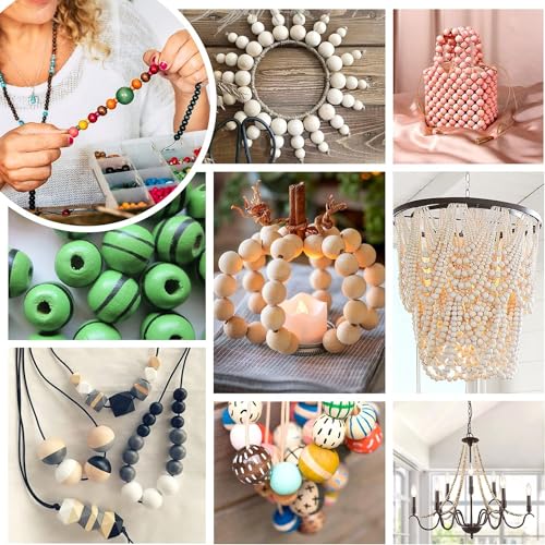 Image of DIY Crafts 260, Natural Wood Round Beads Wooden Beads + Jute Twine, Unfinished Wood Beads for Crafts with Holes Beads for Jewelry Making, Garland, Home /Farmhouse Decor and DIY As 1st Image (260)