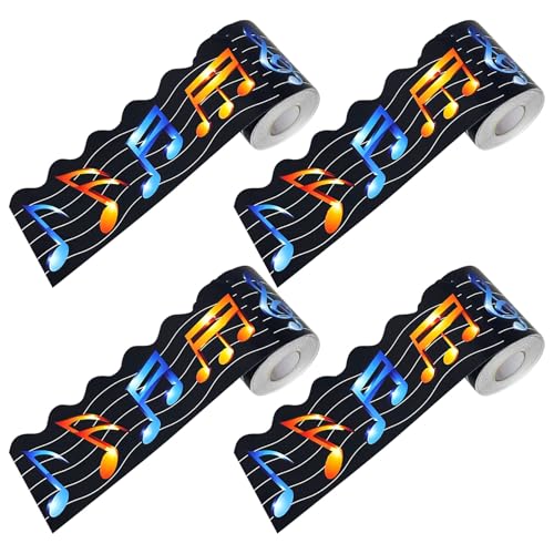 jojofuny Tiras Decorativas de Papel sin Adhesivo Notas Musicales para Bordes de Tablón de Anuncios, 4 Rollos de 9,5 M X 7,5 Cm, Decoración Temática para Aula y Coros Escolares