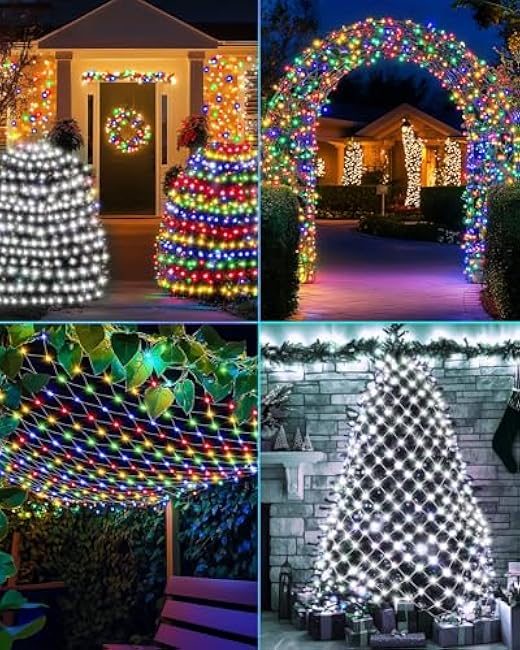 Christmas Net Lights 12ft x 5ft, 360 LED Outdoor Mesh Lights with 11 Modes, Waterproof Bush String Lights for Home Garden Yard Xmas Decorations Connecable, Timer (Cool White & Multicolor)