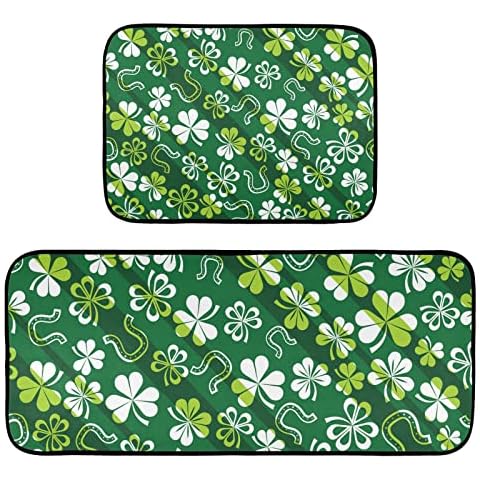 Green Shamrock Horsesho Kitchen Rug Set of 2 St Saint Patricks Day Floor Runner Mat Comfort Non Skid Bath Carpet Standing Mat Washable for Living Room Laundry Hallway Office Farmhouse Cover