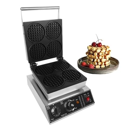 Waffeleisen, Waffelautomat Rund, 1750W 4 Waffel, Waffeltoaster Doppelt mit Timer & 50-300 °C Stufenlos & Edelstahlgehäuse, Antihaftbeschichter Waffle Maker für Haus und Geschäft
