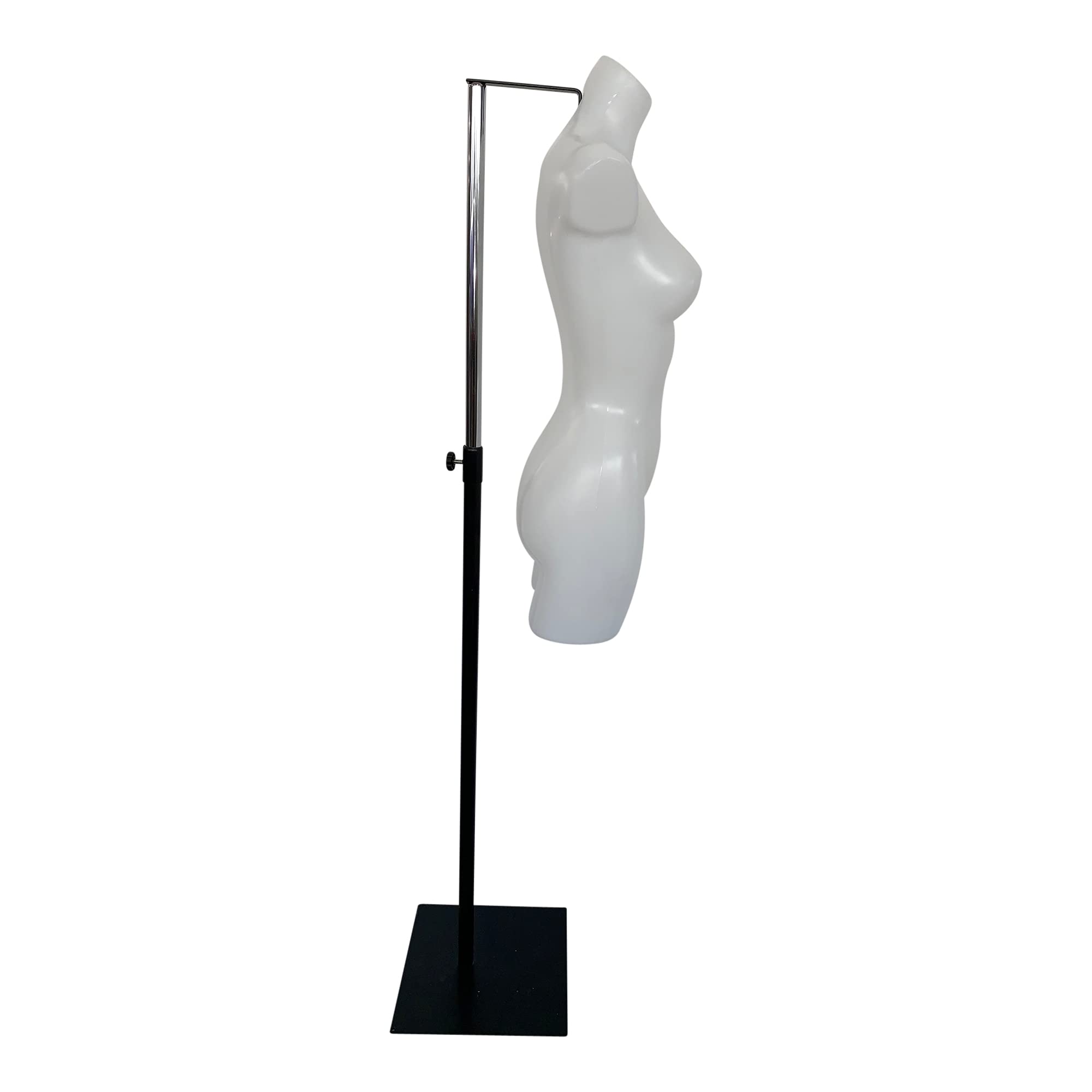 Basic Modepuppe 36, weißer Damentorso lang mit Beinansatz, Mannequin & Ausstellungsfigur aus PE Kunststoff, als Set inkl. Metall-Standfuß, verstellbar, Schwarz