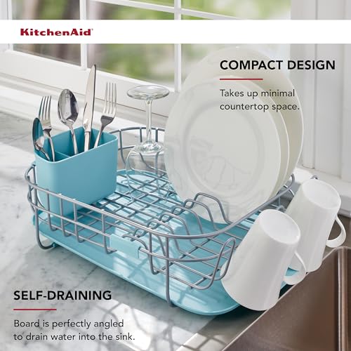 Image of KitchenAid Low Profile Compact Dishrack with Removable Flatware Caddy and Angled Self-Draining Board, Rust Resistant Wires, 12.59 x 17.55 x 6.29 Inch, Mineral Water
