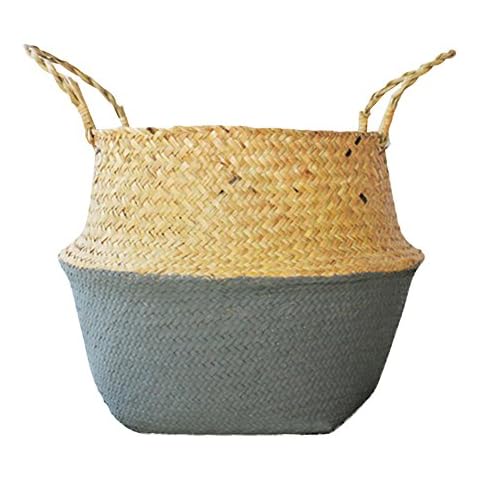 Home Storage Organisation, Samber Hand-Woven Foldable Plant Flower Pot Natural Seagrass Woven Basket Toy Storage Basket Wovening Laundry Basket Foldable Handcraft Weave Belly Basket with Handle(C/L) Cover