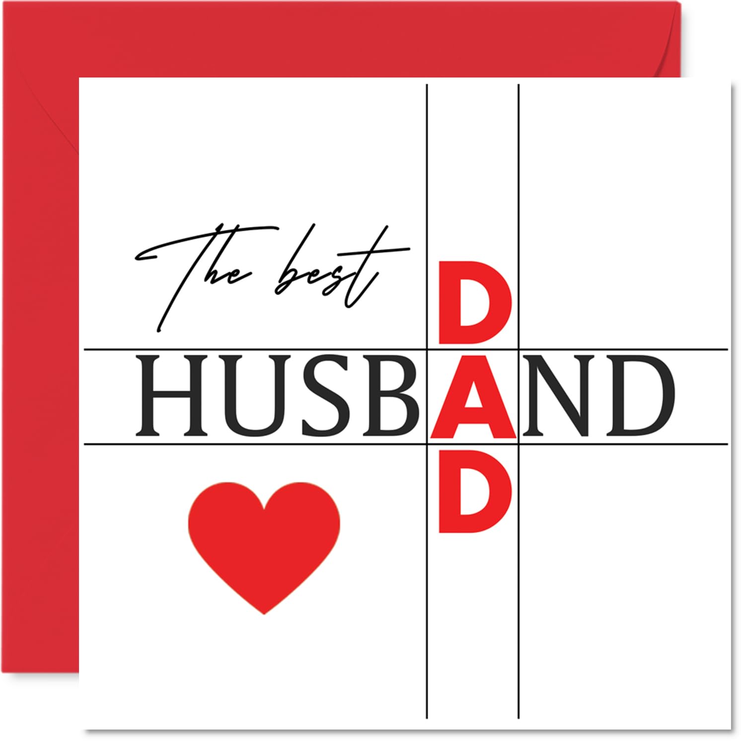 Heartfelt Anniversary Card for Husband - Celebrating the Best Husband and Dad - Bold Red and Black Typography with Love Heart, Father's Day - 145mm Square, Envelope Included