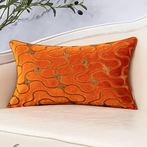 Yangest Burnt Orange Velvet Wave Lumbar Throw Pillow Cover Wavy Line Luxury Cushion Case Modern Zippered Rectangular Pillowcase for Sofa Couch Bedroom Living Room Home Decorative, 12x20 Inch