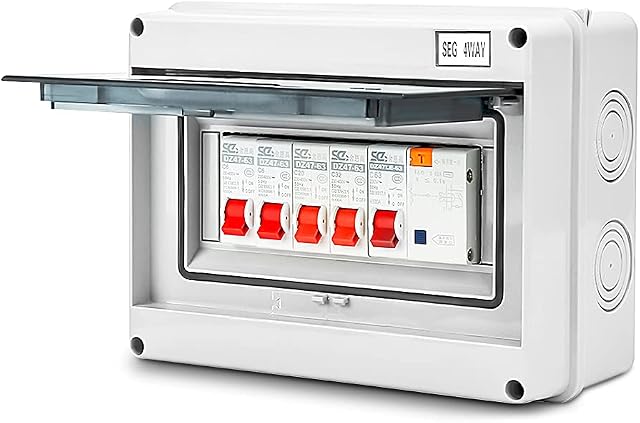 Consumer Unit 4 Way Garage Caravan Consumer Unit Circuit Breaker Panel Mini Leakage Fuse Board 63A 30mA RCD 4MCB IP65 Water Proof Shield for Workshops,Outbuildings 2 * 6A+20A+32A