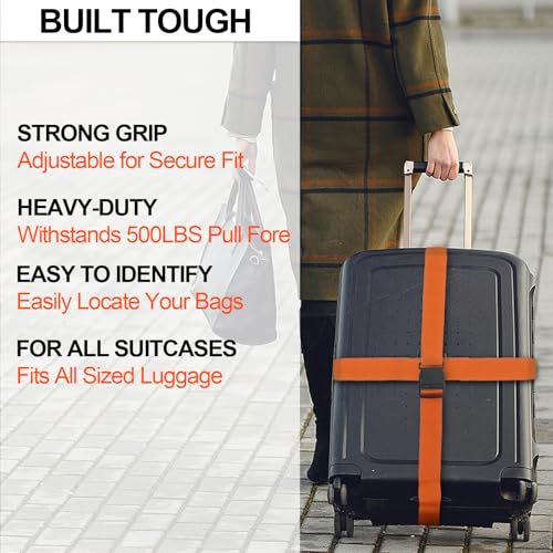 Image of Luggage Strap and Tag Set (4 Pack 2 Tags 2 Climbing Buckles) Keeps Cargo Safe with Adjustable Travel Packing Strap with A Packing Width of 2 Inches and A Length of 86.6 Inches (Orange)
