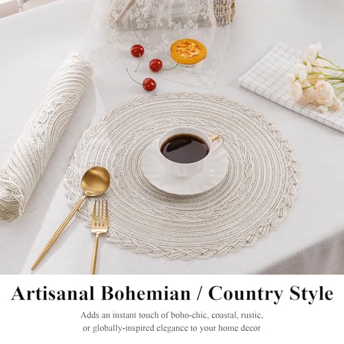 Image of SHACOS Round Placemats Set of 6 Boho Braided Bordered Place Mats 15 inch for Dining Tables Wedding Holiday Party (Ivory Bordered, 6)