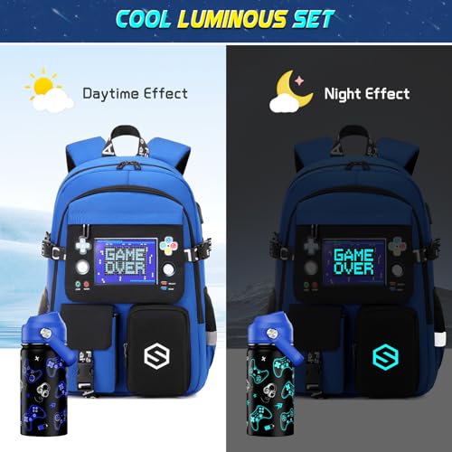 Boys Backpack, Cool Luminous Gamer School Backpacks for Boys with 14oz Insulated Water Bottle Lunch Bag Pencil Case, Kids Backpack Book Bags for Kindergarten Elementary Middle School3