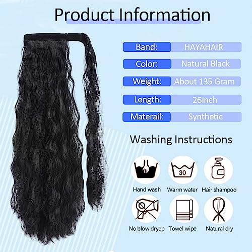 Hayahair Long Corn Wave Ponytail Extension, 26 Inch Black Wavy Wrap Around Ponytail, Heat Resistant Synthetic Pony Tails Hairpiece For Women Daily Use thumb #3