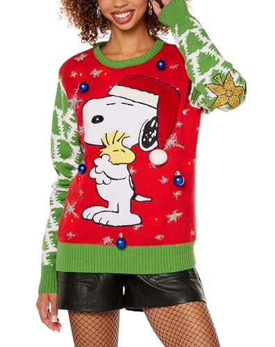 Spencer’s Peanuts Light-Up Snoopy & Woodstock Christmas Sweater | Officially Licensed | Light-Up Christmas Sweaters