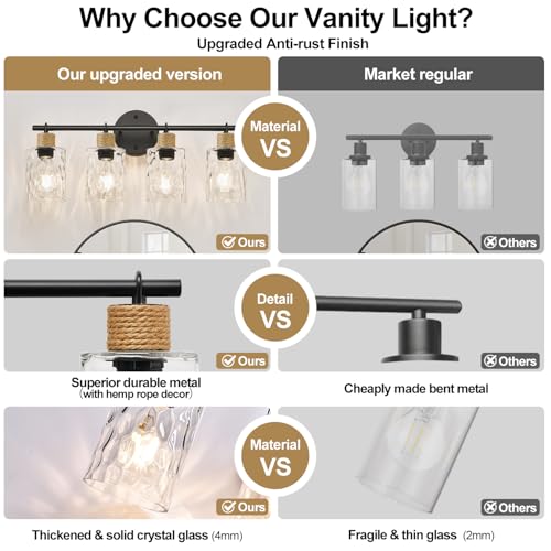 Image of MOKATNG Bathroom Light Fixtures, 4-Light Coastal Vanity Lights with Crystal Glass Shade, Black Bathroom Wall Lamp for Mirror Kitchen Hallway Cabinet