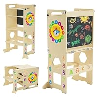 Lernturm ab 1 Jahr | 4-in-1 Lernturm Klappbar für Kinder |Learning Tower mit Tafel und Lernuhr aus Holz | Küchenhocker für Kleinkinder | Aus Nachhaltigem Holz | Stabiler Montessori