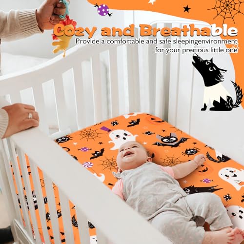Image of JISEN Halloween Crib Sheet Bats Fitted Crib Sheet for Boys Girls Crib Mattress Cover Baby Sheet for Standard Crib and Toddler Mattress Soft Breathable Baby Bed Sheet for Neutral 52x28 Inch Ghosts