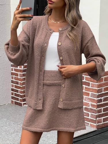 Image of Tankaneo 2 Piece Sweater Sets for Women Long Sleeve Cardigan Outfits Mini Skirts Knit Matching Lounge Set