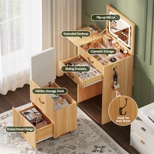 Image of FURSUN 3-in-1 Vanity with Flip Mirror & Lights, Fluted Compact Vanity Table with 3 Drawers, Storage Compartment and Rolling Stool, Modern Small Makeup Vanity for Bedroom, Powder Room, Natural Oak