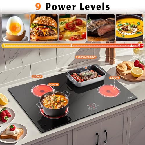 Image of 30 Inch Electric Cooktop 6400W, 240V Hard Wire (No Plug) | 4 Burner Glass Electric Stovetop 30 Inches, 99-Min Timer, Safety Lock, Pause, Rual Ring, Touch Control, 220V Hard Wired
