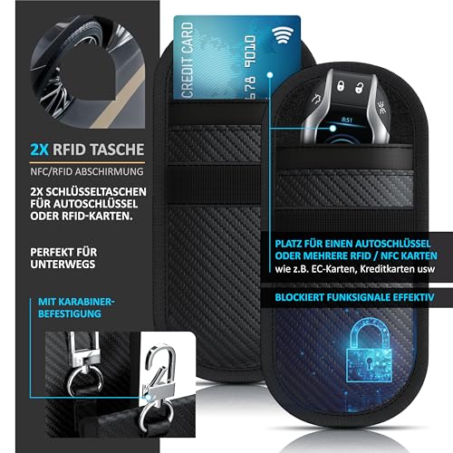 CSL - Keyless Go Schutz - 2X RFID Schlüsseltaschen – Schutz für Autoschlüssel RFID-Karten NFC Kreditkarten EC-Karten Personalausweis – Schlüssel Etui Hülle – Karabinerbefestigung – schwarz
