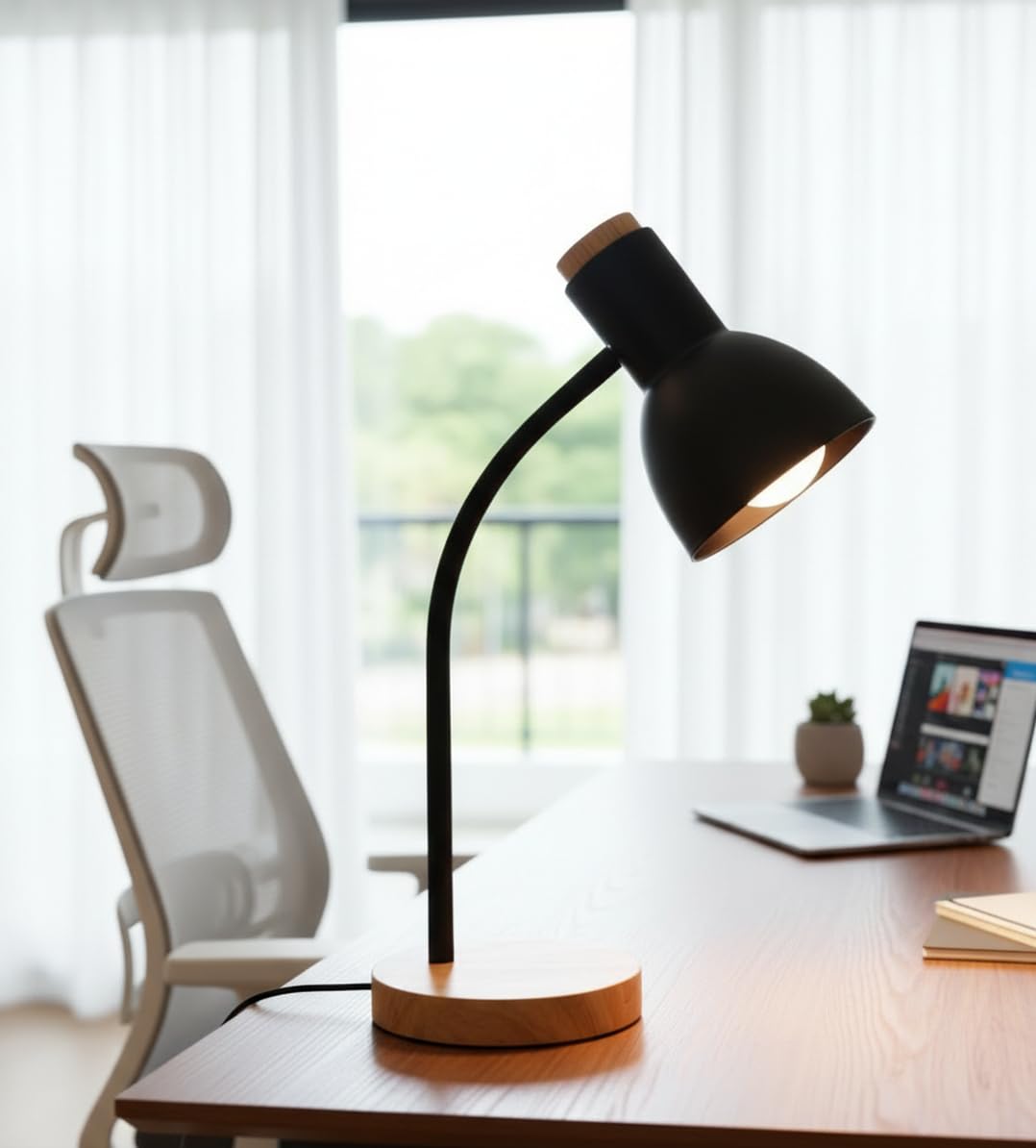 BEL AIR HOME | Lámpara flexo de escritorio ARGOS | 40 cm, negro, madera natural y metal | Cuello flexible, base antideslizante, cable con interruptor | Iluminación eficiente y elegante