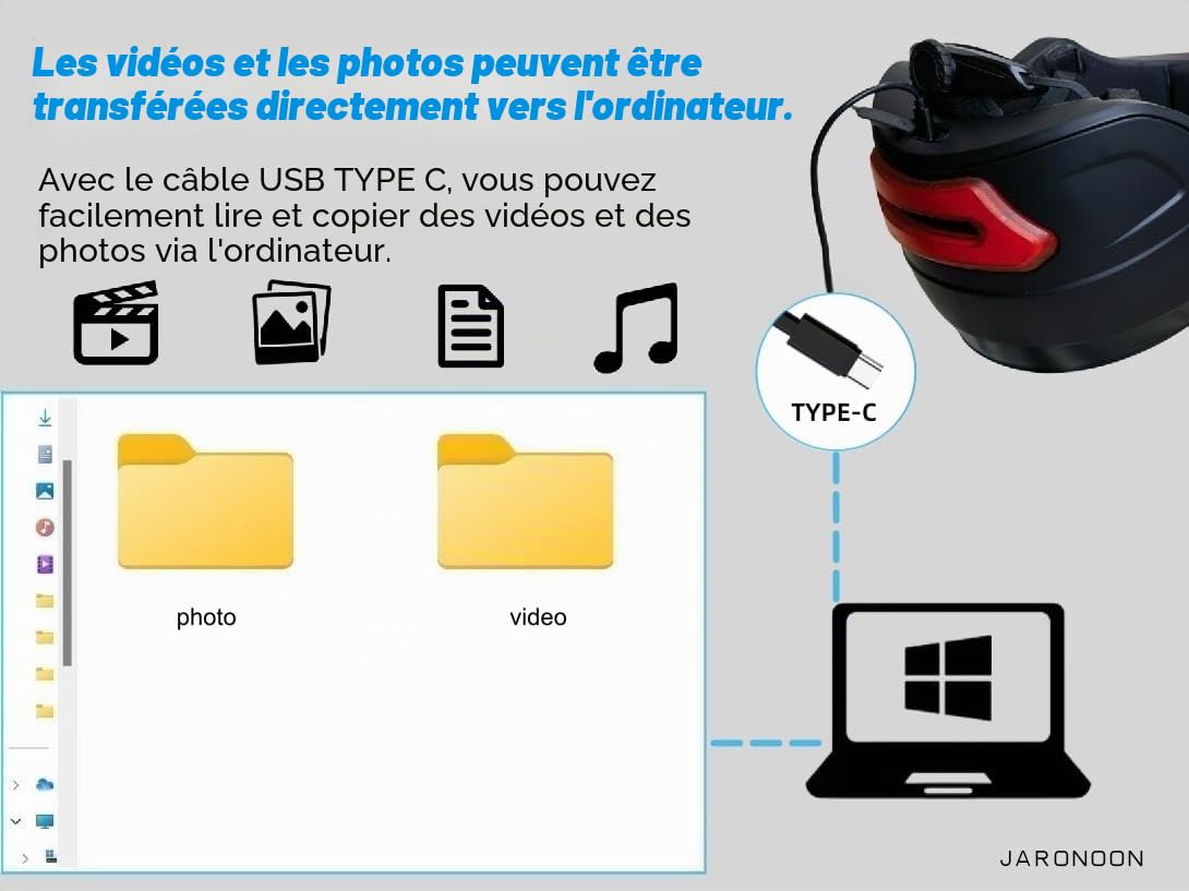 Casque Intelligent Bluetooth pour Cycliste, avec caméra intégrée et feu arrière Clignotant, avec 1x Lunettes de Jour et 1x Lunettes de Nuit
