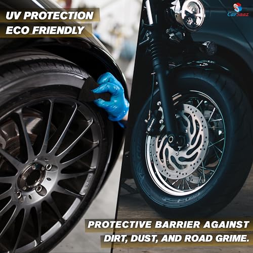 Image of CAR SAAZ Tyre Shiner 1L with Applicator Pad & Spray Nozzle for Car & Bike | Instant Shine, Long-Lasting Protection, Prevents Fading & Cracking, Increases Tyre Life