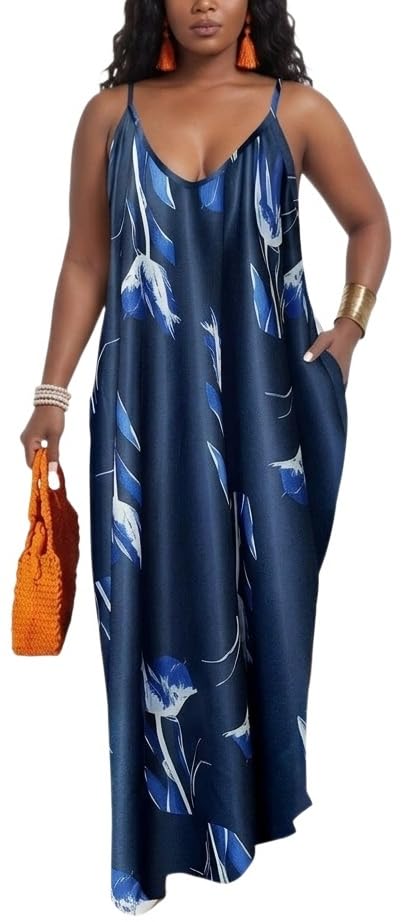 Image of Women's Casual Summer Maxi Dresses Sleeveless Adjustable Spaghetti Strap Loose Plus Size Dresses