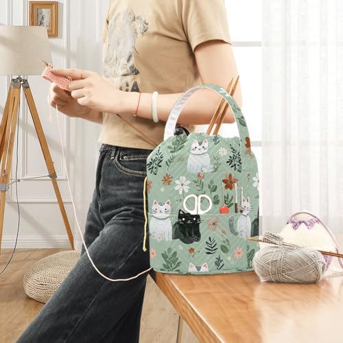 Image of Tatenale Crochet Bag Yarn Bag Knitting Project Bag with Pockets and Handle Portable Yarn Storage Organizer Tangle Free 8.3x11 InchMint Green Floral and Cute Cats02
